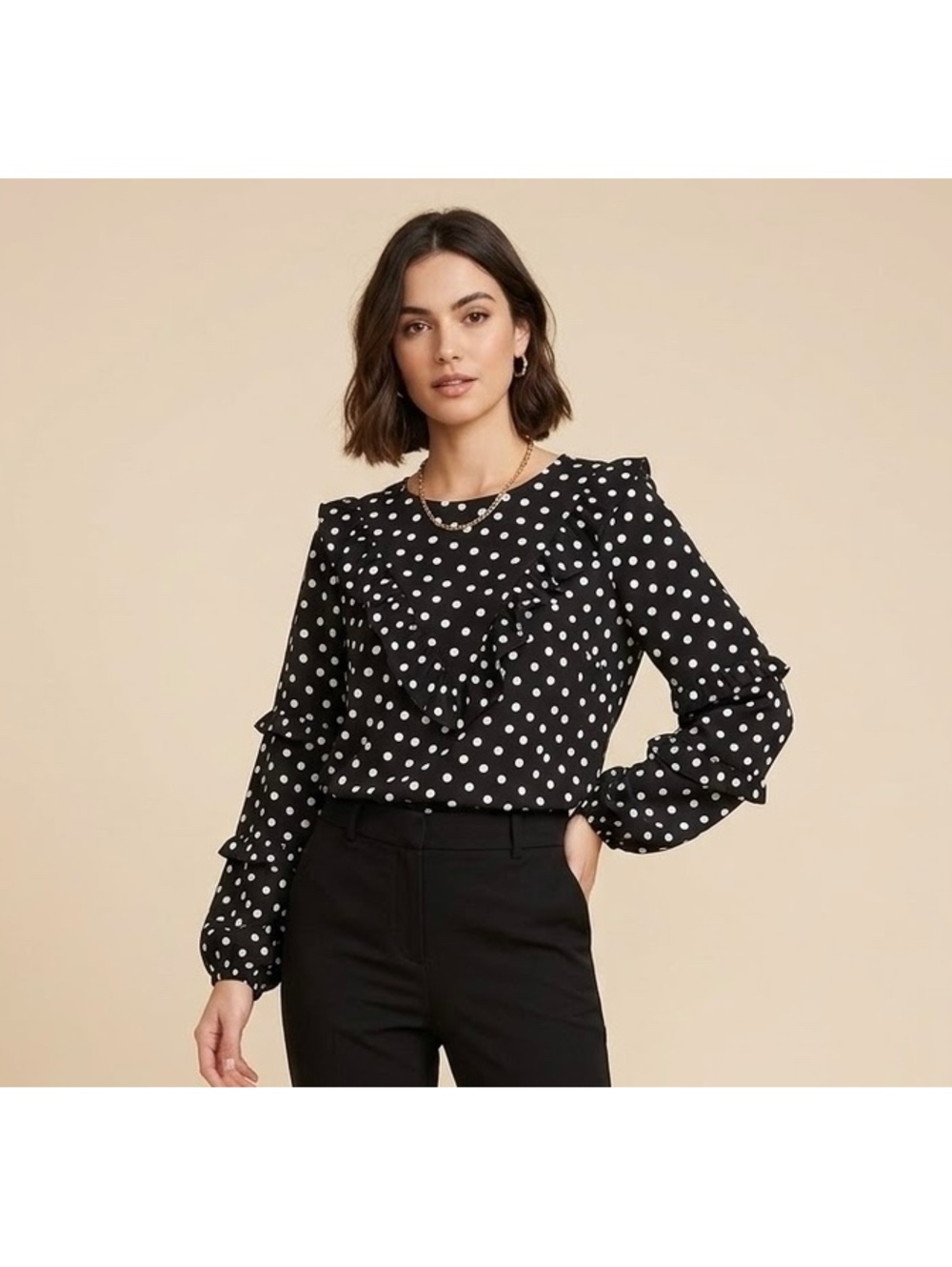 CeCe Black and White Polka Dot Ruffle Blouse Size M